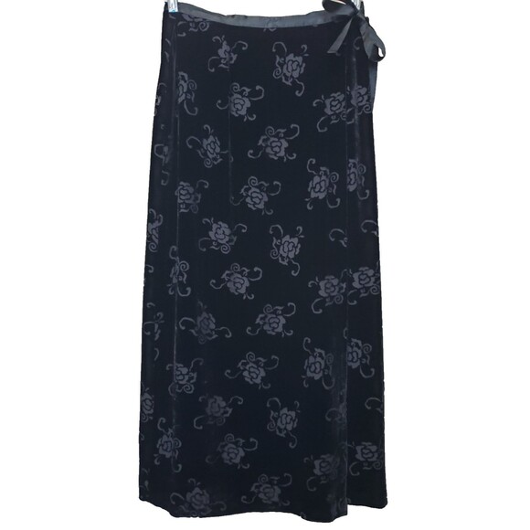 GAP Silk Blend Black Burnout Velvet Rose Pattern True Wrap Maxi Skirt Size 6 - Picture 1 of 6